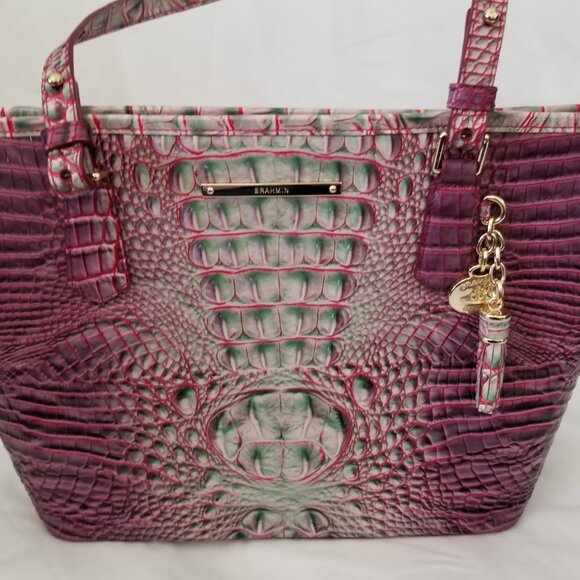 Brahmin Pink Purple Green Hombre Croc Embossed Purse Shoulder Handbag - Picture 1 of 11